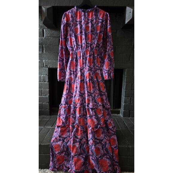 Bindu floral Tiered Smocked Waist Flowy Boho Cottage Fairy Maxi Dress V neck M - Picture 7 of 7